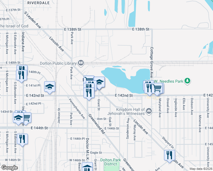 map of restaurants, bars, coffee shops, grocery stores, and more near 14151 Lincoln Avenue in Dolton