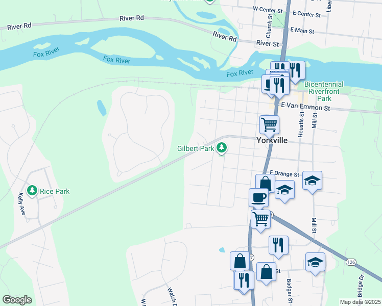 map of restaurants, bars, coffee shops, grocery stores, and more near 509 West Fox Street in Yorkville