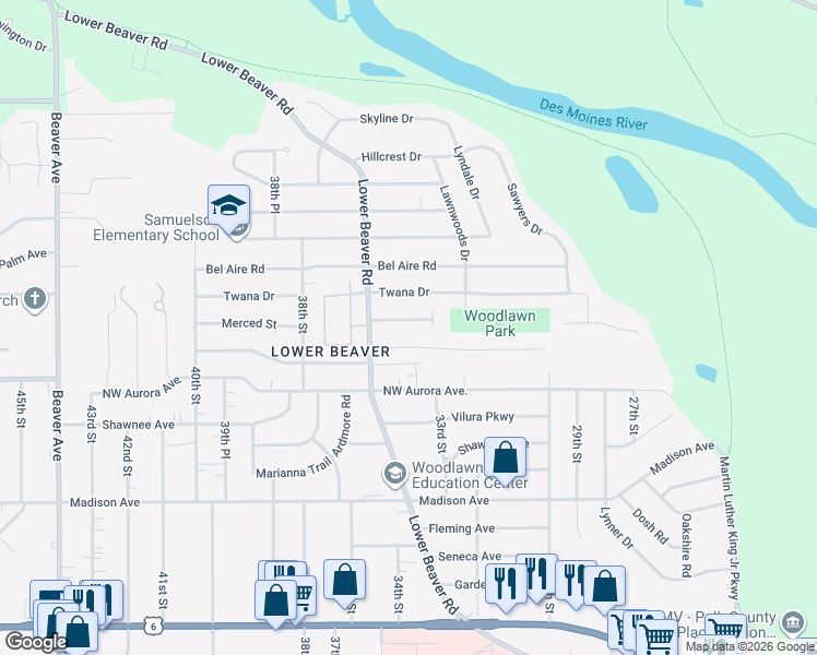 map of restaurants, bars, coffee shops, grocery stores, and more near 4423 Lower Beaver Road in Des Moines