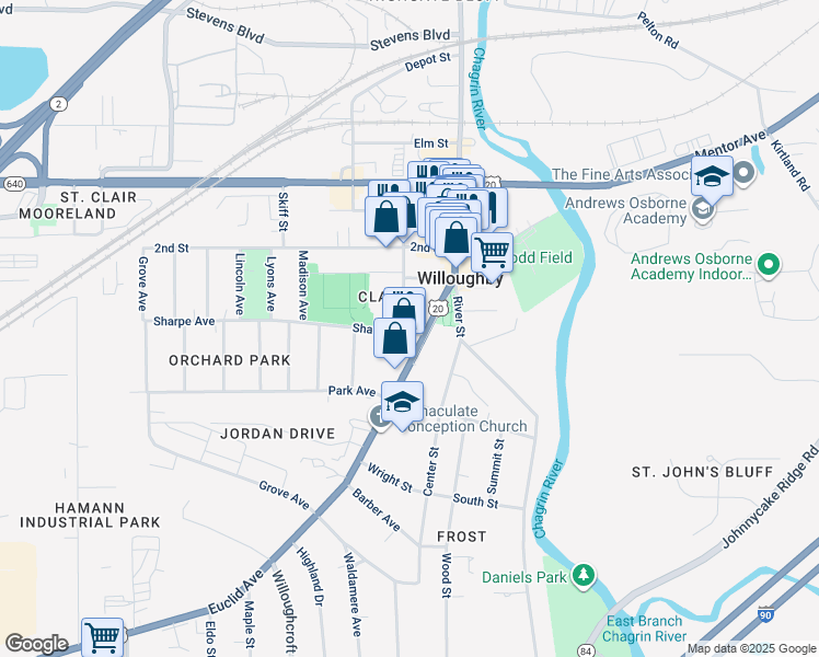 map of restaurants, bars, coffee shops, grocery stores, and more near 38063 Euclid Avenue in Willoughby