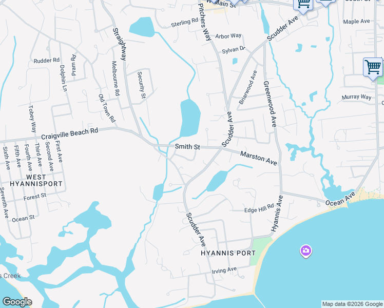 map of restaurants, bars, coffee shops, grocery stores, and more near 77 Smith Street in Barnstable