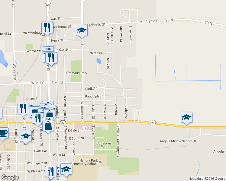 map of restaurants, bars, coffee shops, grocery stores, and more near 708 Carlin Drive in Angola