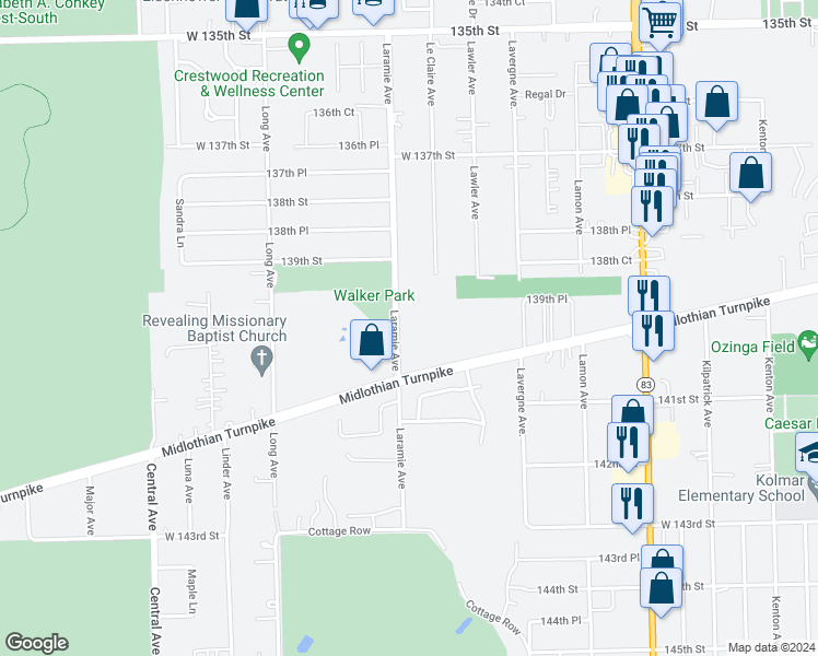 map of restaurants, bars, coffee shops, grocery stores, and more near 14035 Laramie Avenue in Midlothian