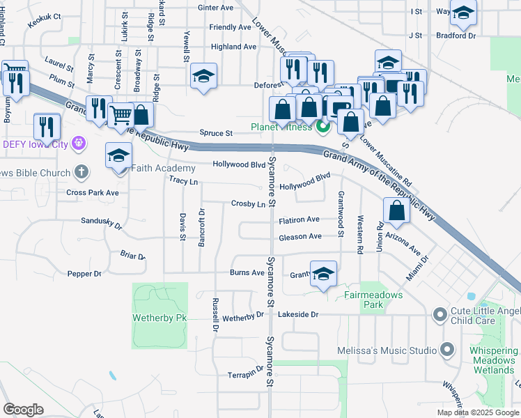 map of restaurants, bars, coffee shops, grocery stores, and more near 1619 Crosby Lane in Iowa City