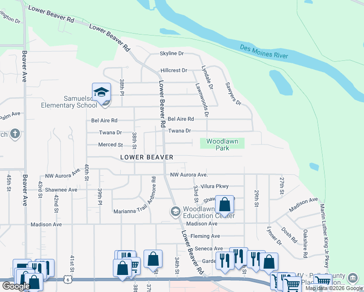 map of restaurants, bars, coffee shops, grocery stores, and more near 4423 Lower Beaver Road in Des Moines
