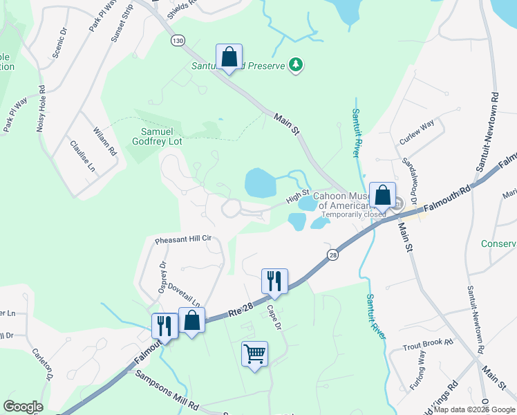 map of restaurants, bars, coffee shops, grocery stores, and more near 65 High Street in Mashpee