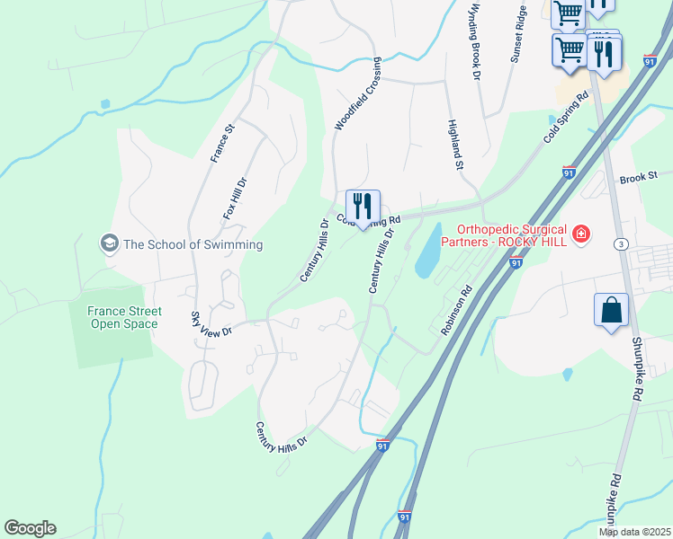 map of restaurants, bars, coffee shops, grocery stores, and more near 305 Country Club Court in Rocky Hill