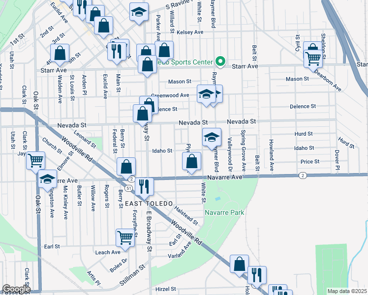 map of restaurants, bars, coffee shops, grocery stores, and more near 1219 Idaho Street in Toledo