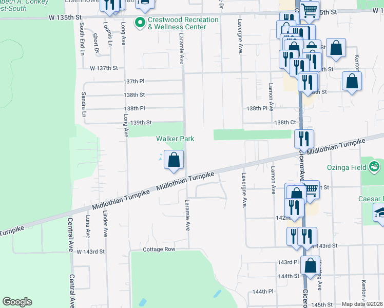 map of restaurants, bars, coffee shops, grocery stores, and more near 14035 Laramie Avenue in Midlothian