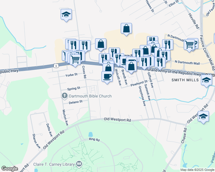map of restaurants, bars, coffee shops, grocery stores, and more near 479 State Road in Dartmouth