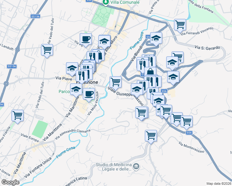 map of restaurants, bars, coffee shops, grocery stores, and more near 94 Viale Giuseppe Mazzini in Frosinone