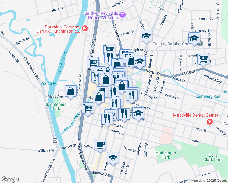 map of restaurants, bars, coffee shops, grocery stores, and more near 1009 Water Street in Meadville