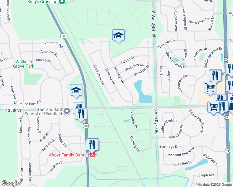 map of restaurants, bars, coffee shops, grocery stores, and more near 13356 Millbank Drive in Plainfield