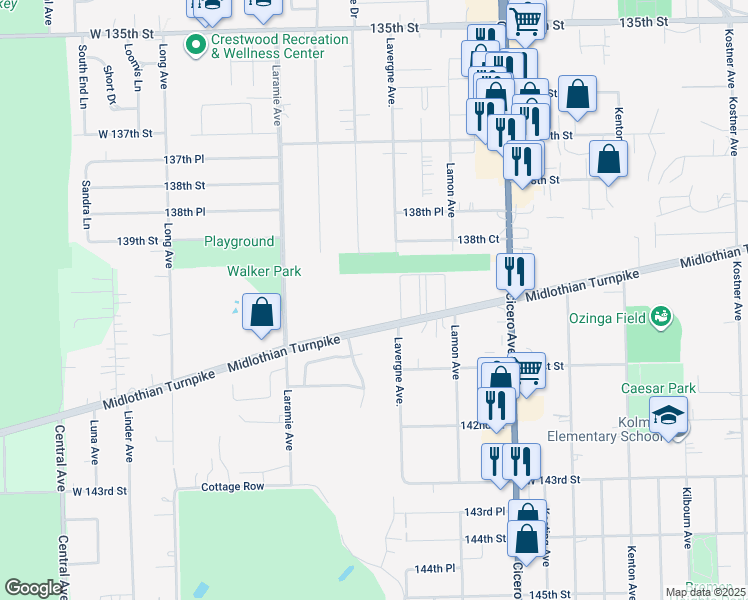 map of restaurants, bars, coffee shops, grocery stores, and more near 13935 Le Claire Avenue in Crestwood