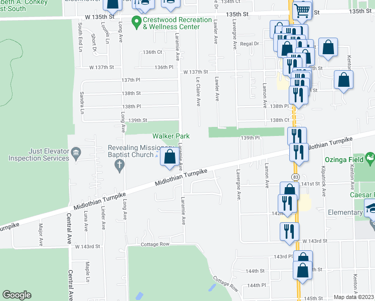 map of restaurants, bars, coffee shops, grocery stores, and more near 14035 Laramie Avenue in Midlothian
