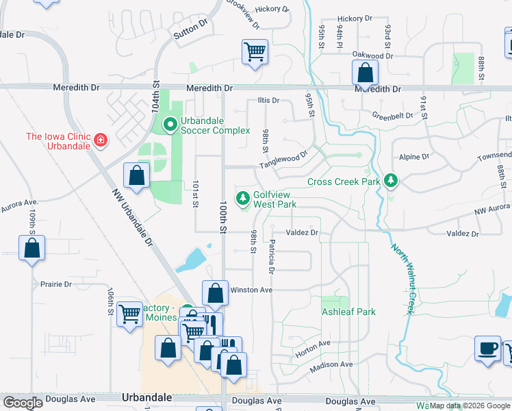 map of restaurants, bars, coffee shops, grocery stores, and more near 9936 Hammontree Drive in Urbandale