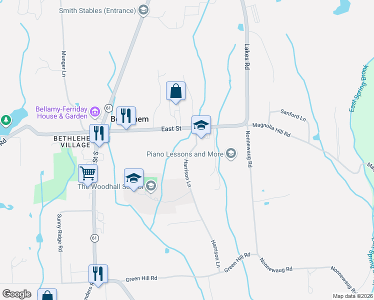 map of restaurants, bars, coffee shops, grocery stores, and more near 26 Harrison Lane in Bethlehem