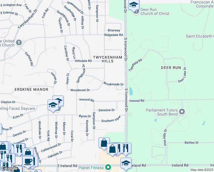 map of restaurants, bars, coffee shops, grocery stores, and more near 1900-1926 Brookmede Drive in South Bend
