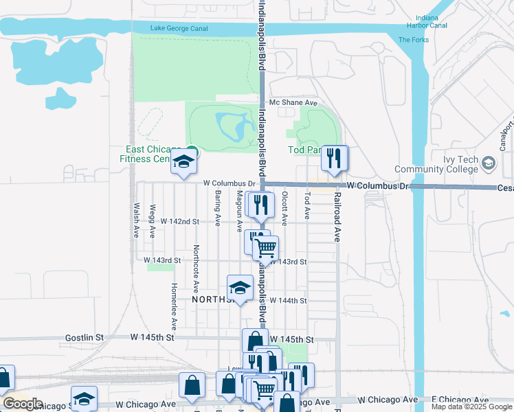 map of restaurants, bars, coffee shops, grocery stores, and more near 4122 Indianapolis Boulevard in East Chicago
