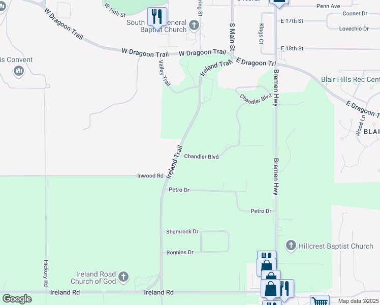 map of restaurants, bars, coffee shops, grocery stores, and more near 16581 Chandler Boulevard in Mishawaka