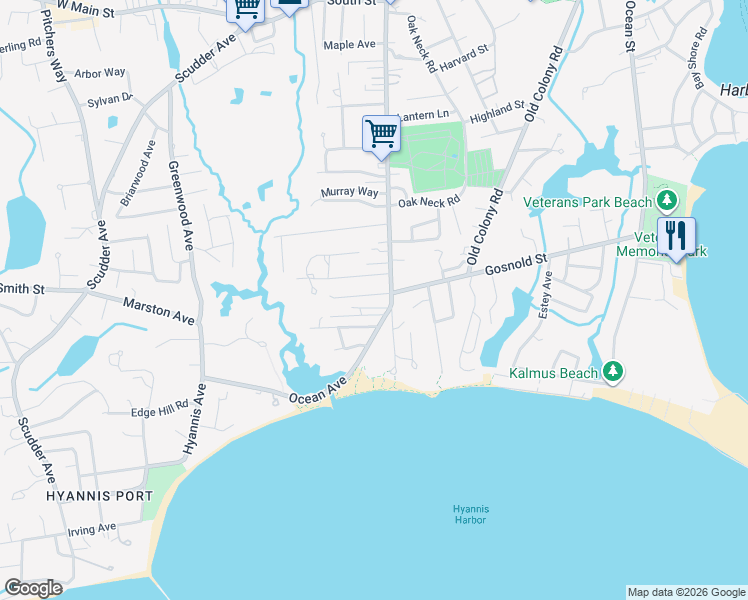 map of restaurants, bars, coffee shops, grocery stores, and more near 19 Norris Street in Barnstable