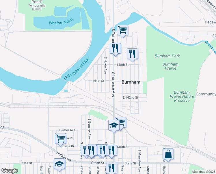 map of restaurants, bars, coffee shops, grocery stores, and more near 14123 South Hoxie Avenue in Burnham
