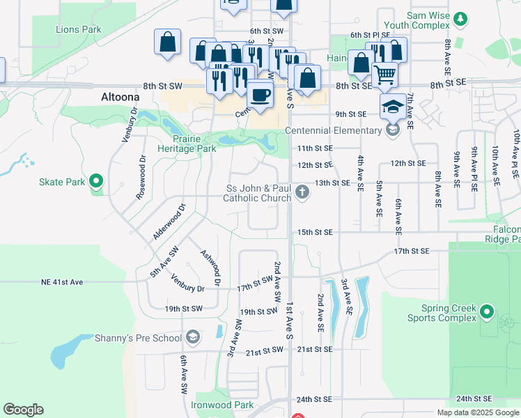 map of restaurants, bars, coffee shops, grocery stores, and more near 209 Cedarwood Court Southwest in Altoona
