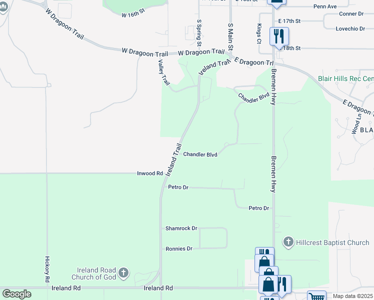 map of restaurants, bars, coffee shops, grocery stores, and more near 16581 Chandler Boulevard in Mishawaka