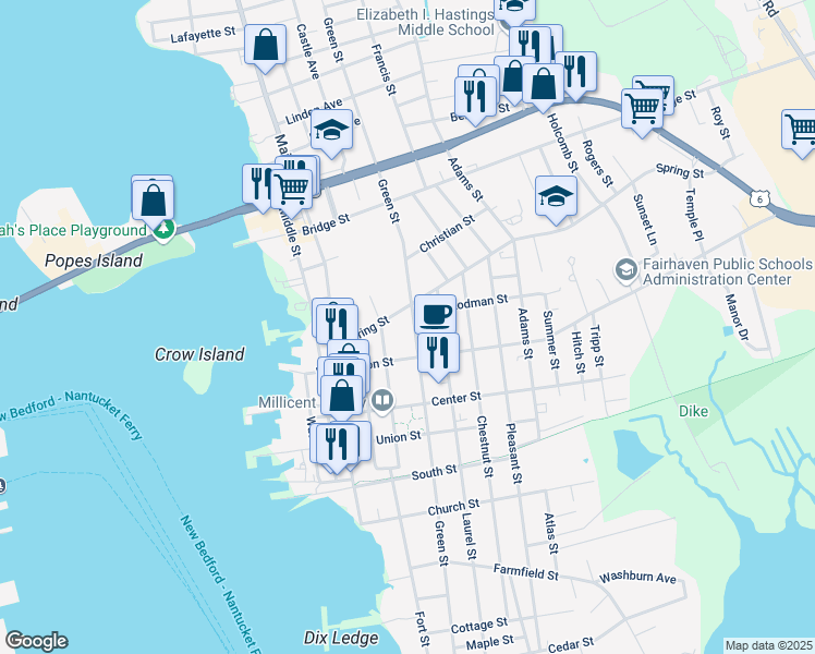 map of restaurants, bars, coffee shops, grocery stores, and more near 137 Green Street in Fairhaven