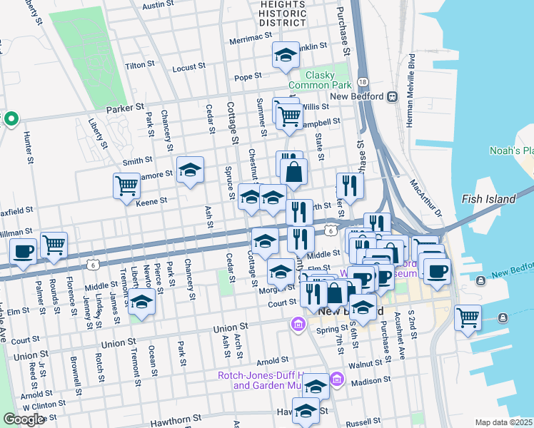 map of restaurants, bars, coffee shops, grocery stores, and more near 123 North Street in New Bedford
