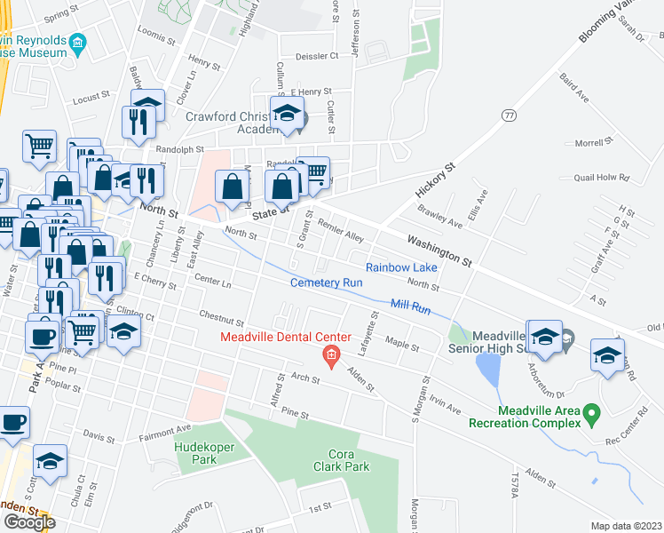 map of restaurants, bars, coffee shops, grocery stores, and more near 602 State Street in Meadville