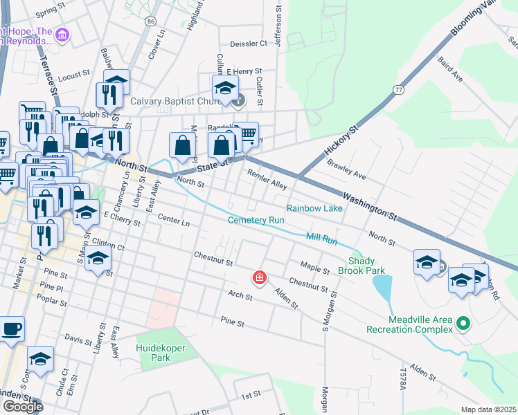 map of restaurants, bars, coffee shops, grocery stores, and more near 602 North Street in Meadville
