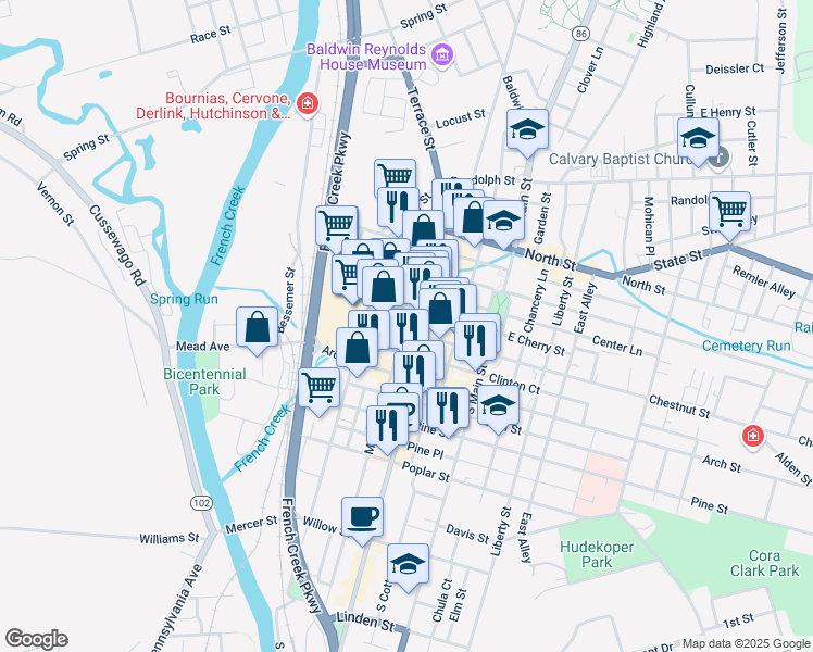 map of restaurants, bars, coffee shops, grocery stores, and more near 1009 Water Street in Meadville