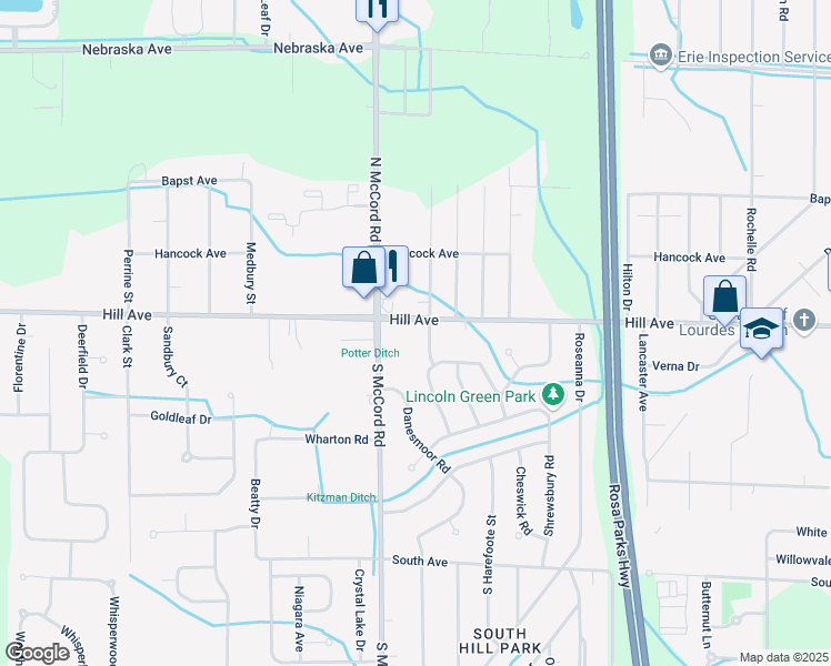 map of restaurants, bars, coffee shops, grocery stores, and more near 6653 Hill Avenue in Toledo
