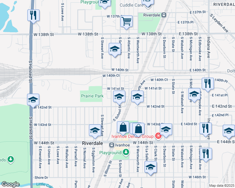 map of restaurants, bars, coffee shops, grocery stores, and more near 14113 South Tracy Avenue in Riverdale