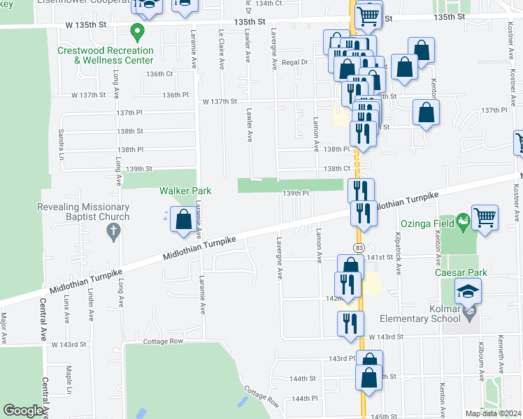 map of restaurants, bars, coffee shops, grocery stores, and more near 13935 Le Claire Avenue in Crestwood