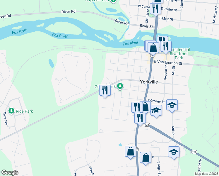 map of restaurants, bars, coffee shops, grocery stores, and more near 509 West Fox Street in Yorkville