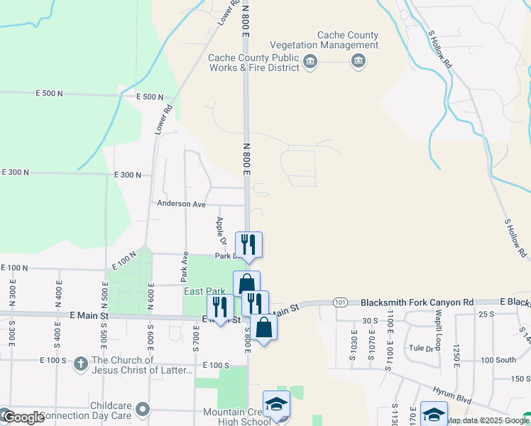map of restaurants, bars, coffee shops, grocery stores, and more near 847 East 275 North in Hyrum