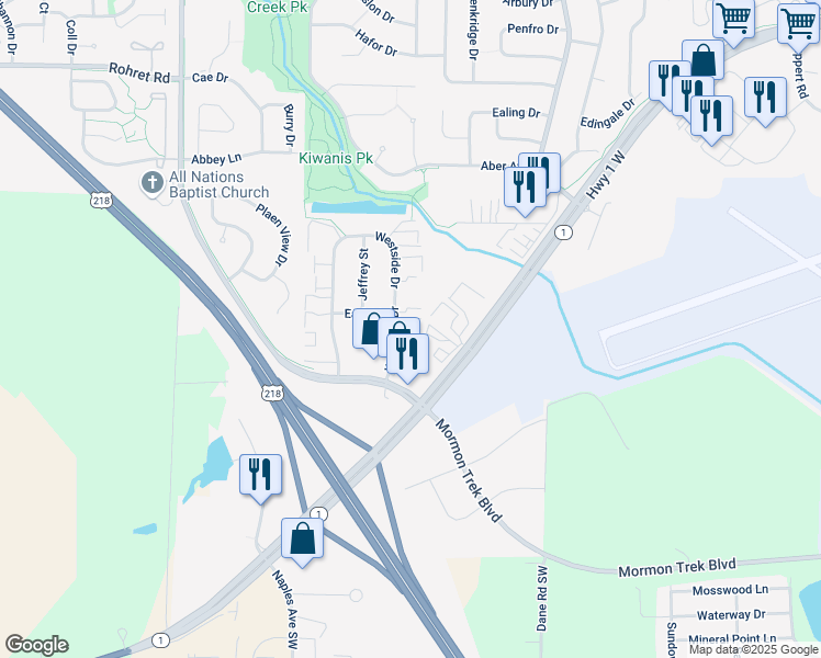 map of restaurants, bars, coffee shops, grocery stores, and more near 56 Westside Drive in Iowa City