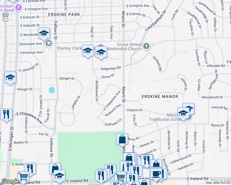 map of restaurants, bars, coffee shops, grocery stores, and more near 1021 East Chippewa Avenue in South Bend