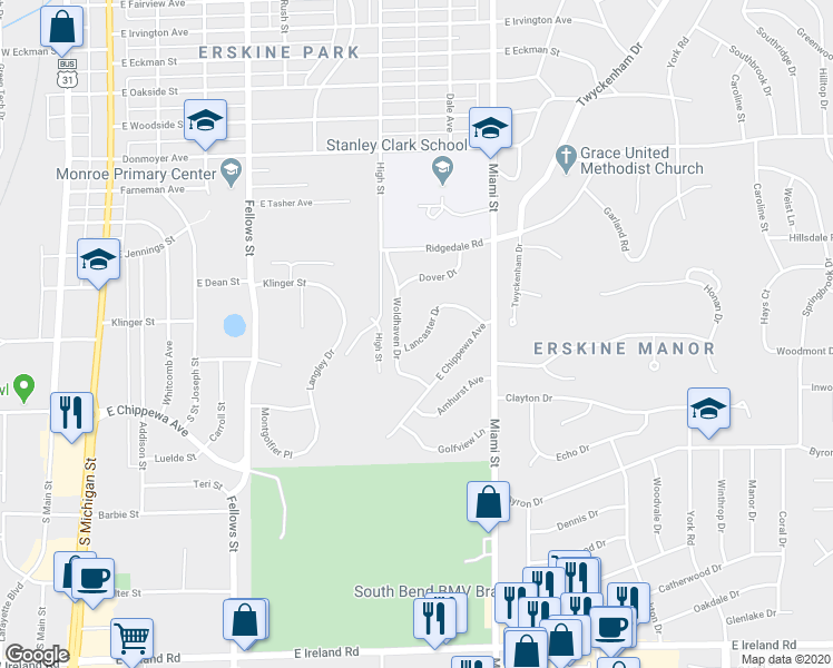 map of restaurants, bars, coffee shops, grocery stores, and more near 825 Lancaster Drive in South Bend