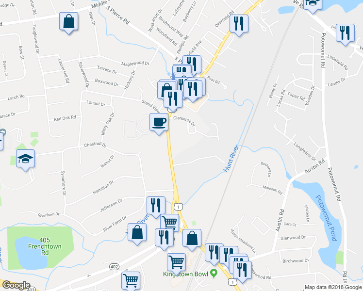 map of restaurants, bars, coffee shops, grocery stores, and more near 5784 Post Road in East Greenwich