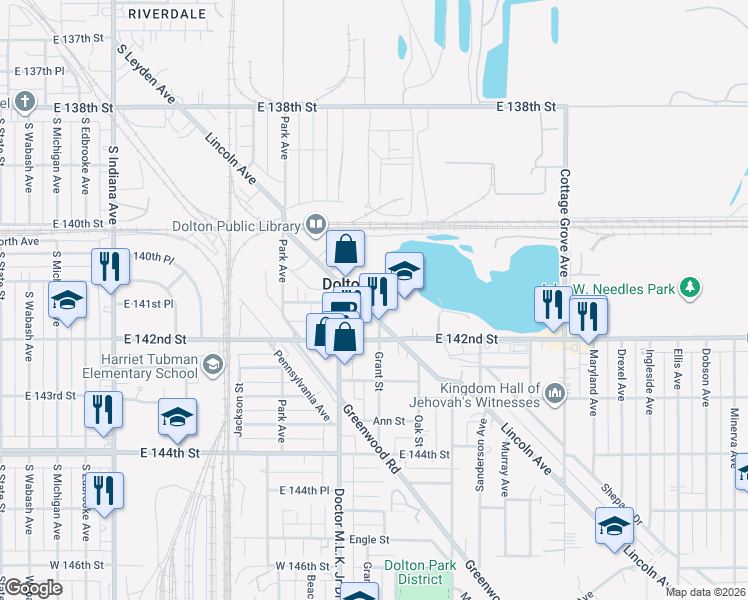 map of restaurants, bars, coffee shops, grocery stores, and more near 14127 Lincoln Avenue in Dolton
