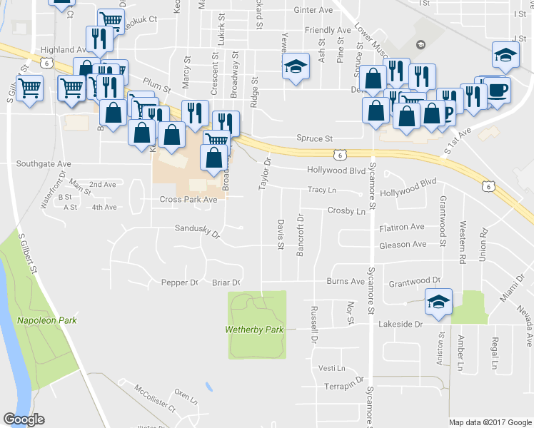 map of restaurants, bars, coffee shops, grocery stores, and more near 2110 Taylor Dr in Iowa City