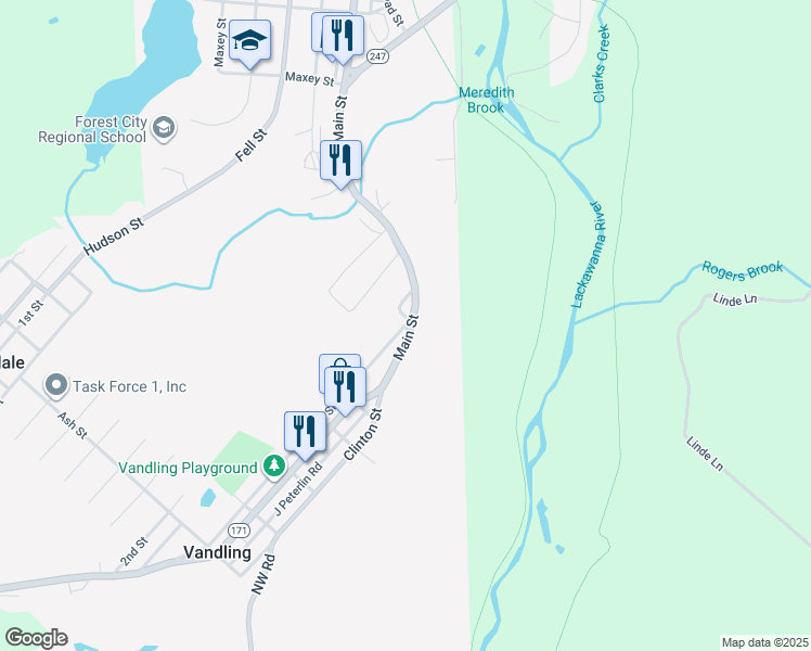 map of restaurants, bars, coffee shops, grocery stores, and more near 798 Hillside St in Vandling
