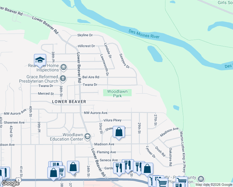 map of restaurants, bars, coffee shops, grocery stores, and more near 4310 Lawnwoods Drive in Des Moines