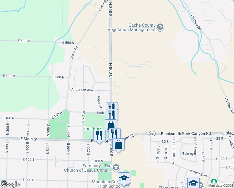 map of restaurants, bars, coffee shops, grocery stores, and more near in Hyrum