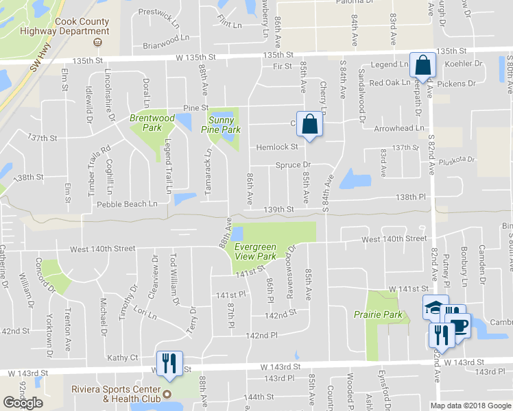 map of restaurants, bars, coffee shops, grocery stores, and more near 13869 86th Avenue in Orland Park