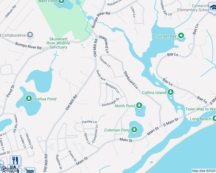 map of restaurants, bars, coffee shops, grocery stores, and more near 10 Deerfield Road in Barnstable
