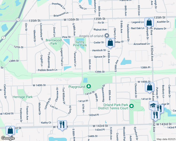 map of restaurants, bars, coffee shops, grocery stores, and more near 13869 86th Avenue in Orland Park